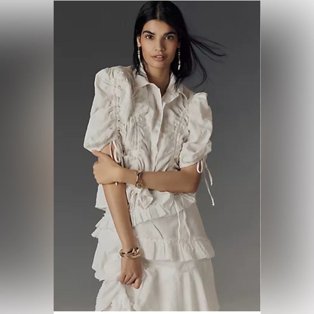 Maeve/Anthropologie Drawstring Puff Sleeve Blouse in White Size L. NWT